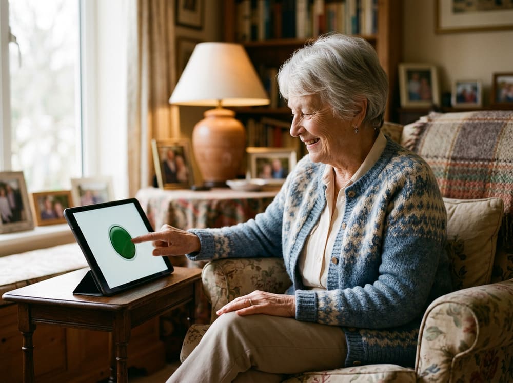 Une femme âgée touche un grand bouton vert sur une tablette, assise dans son fauteuil. Image générée.