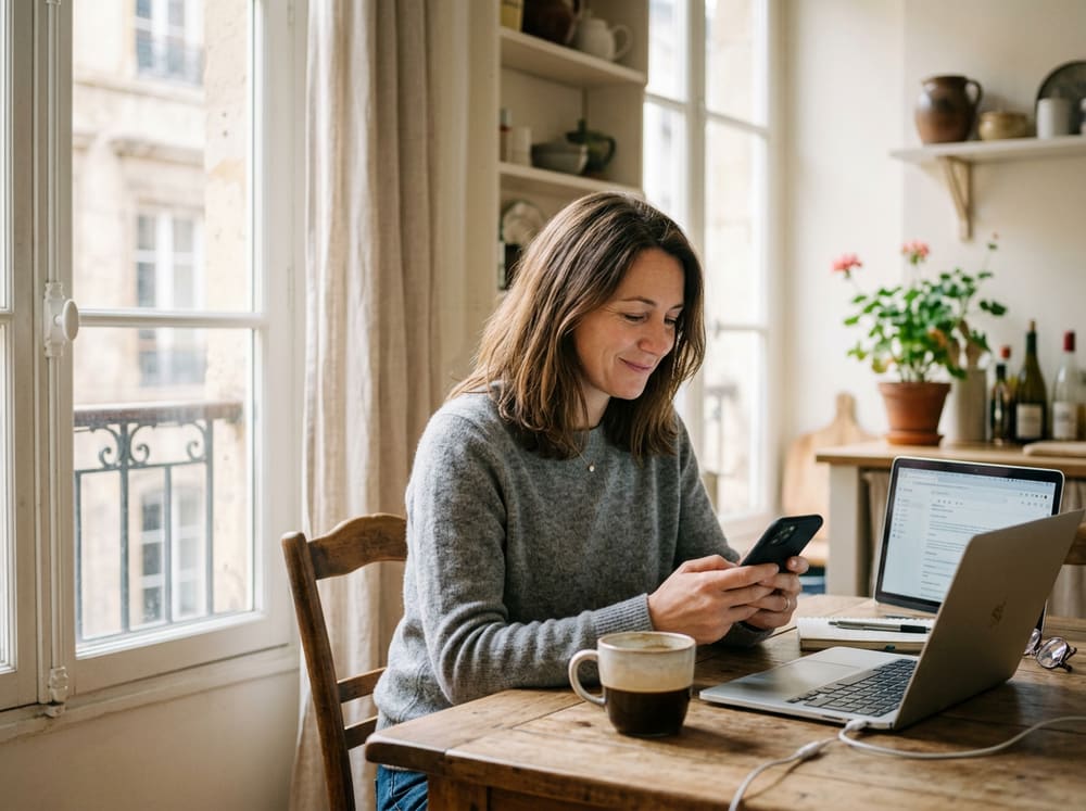 Une femme d’une quarantaine d’années écrit sur son smartphone à la table de sa cuisine. Image générée.